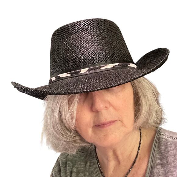 A Adams & Spire Wide Brim Vintage Black Straw Hat - Picture 1 of 8